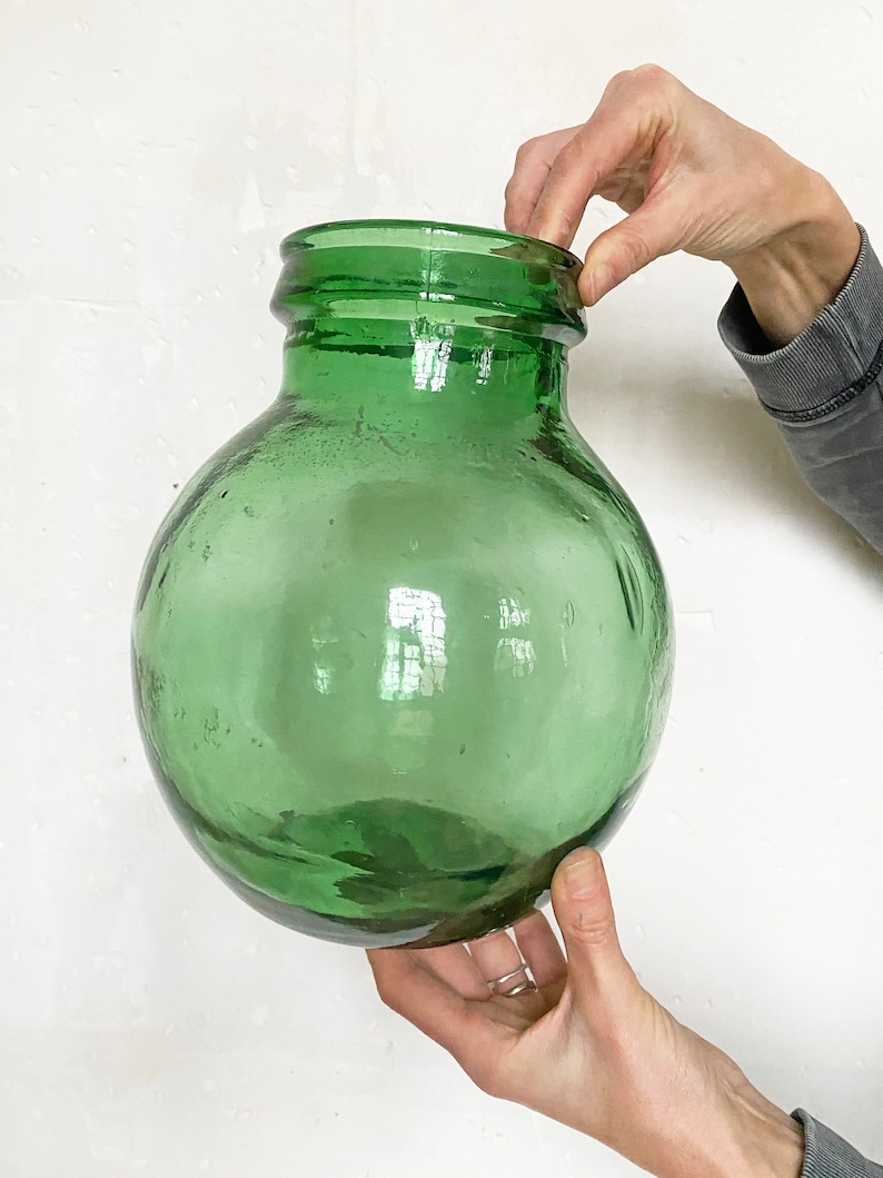 Vintage Thick Green Glass Olive Jar / Viresa Glass Demijohn / Big Green