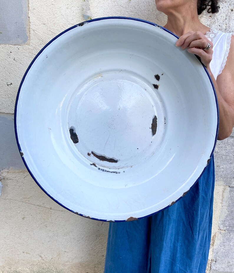 Extra Large 22 Blue and White French Enamelware Basin Perfect for
