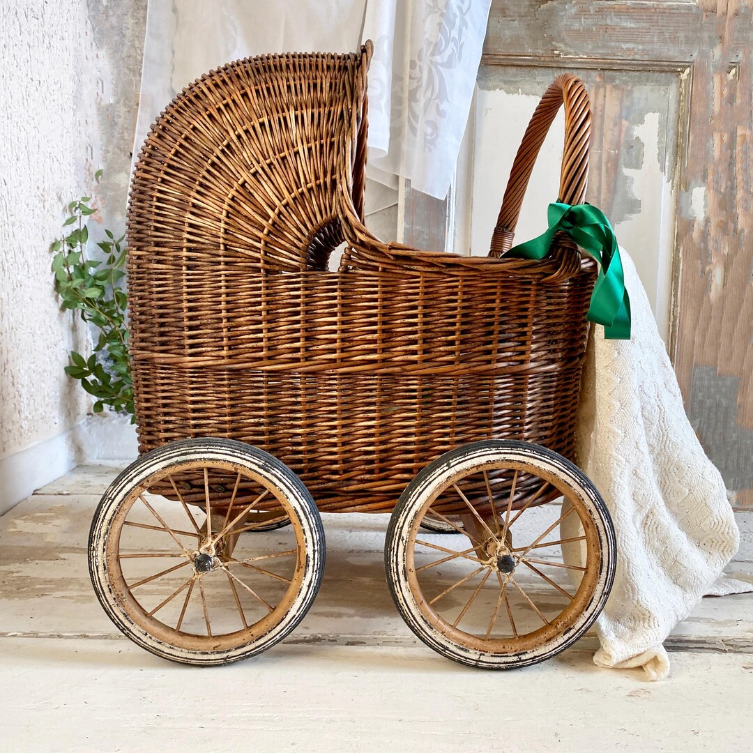 Vintage Wicker Doll Carriage for Nursery Decor | French Rattan Stroller ...