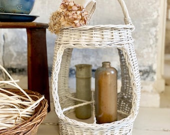 2 Tier White Wicker Bar Basket | Barrel Shape Side Table | French Bottle Holder Storage