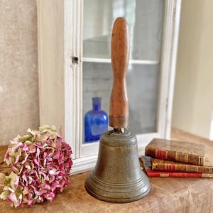 Antique Victorian Bronze Bell | Large Bell with Wood Handle