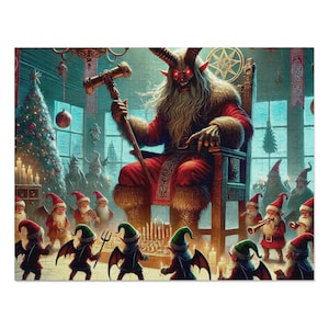 May include: A Christmas-themed jigsaw puzzle featuring a horned figure in a red suit seated on a throne, holding a mallet. Gnomes and winged figures surround the throne, with a Christmas tree and candles in the background. The puzzle is a festive holiday item.