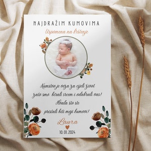 Gift for godfather, Uspomena na krštenje za kumove, for baptism to the godfather baptism gift girl or boy, Poklon za kumu kuma, Print, PDF image 5