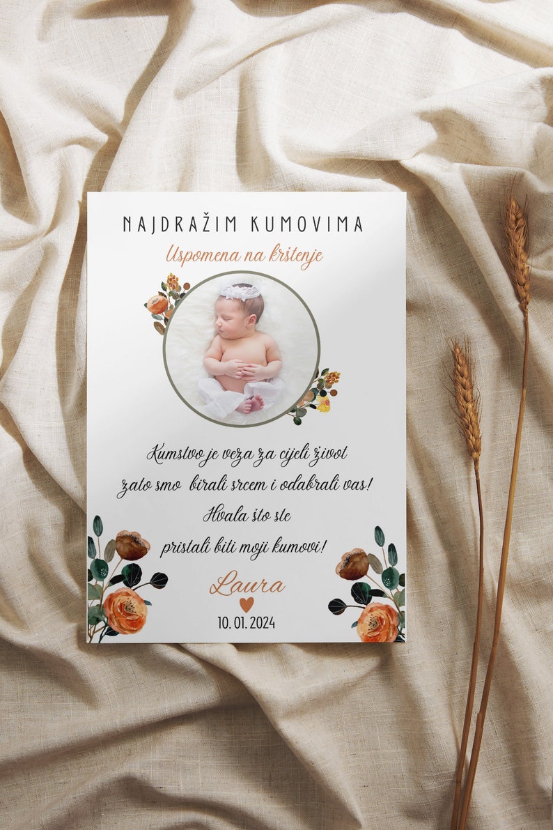 Gift for godfather, Uspomena na krštenje za kumove, for baptism to the godfather baptism gift girl or boy, Poklon za kumu kuma, Print, PDF image 5