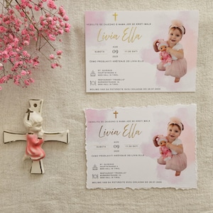Faire-part de baptême individuel, plaqué or, personnalisé, avec photo de bébé, papier pdf, or