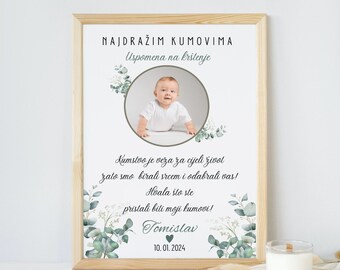 Gift for godparent, Uspomena na krštenje za kumove, for the baptism to the godparent – baptism gift for a girl or boy, Poklon za kumu kuma, Print, PDF