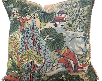 Thibaut Chinoiserie Throw Pillow Cover, Pagoda Trees Pattern, 20", Contrast Welt