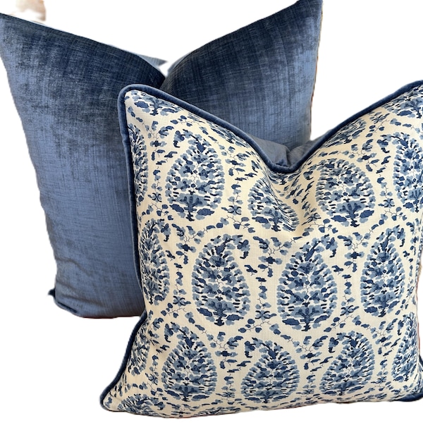 Blue Paisley Pillow Cover, Brunschweig & Fils Rougier, Velvet Cord, 20 Inch
