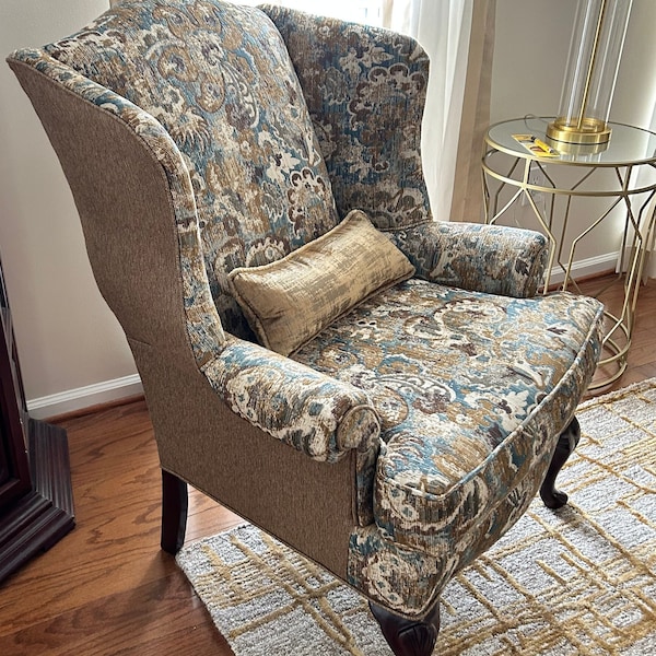 Upholstery fabric, a jacquard in brown , blue and cream