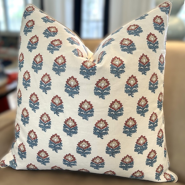 Stroheim Block Print in Blue, Coral and Beige, Off White Background, 24" with cord