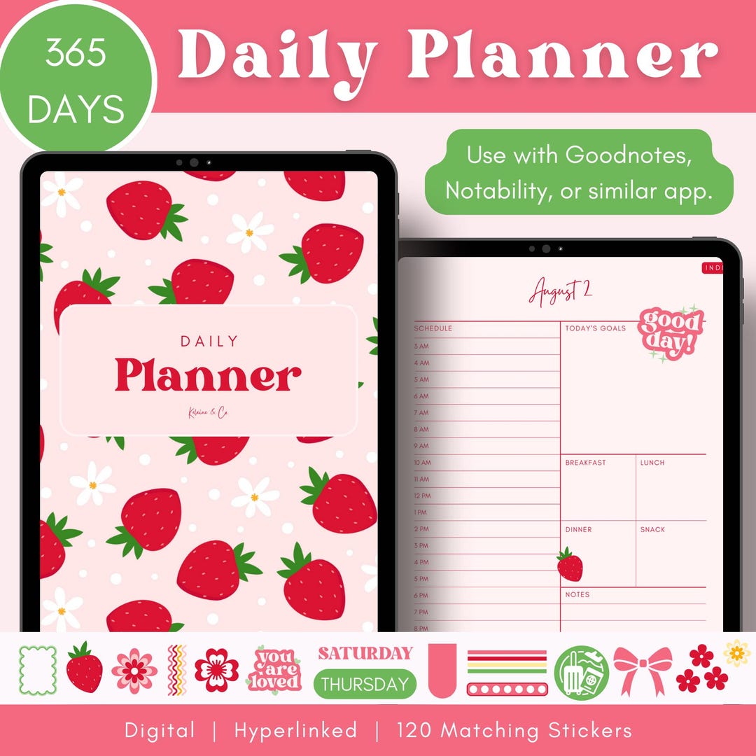 Digital Daily Planner for Women – Hyperlinked Goodnotes Journal With 50 Strawberry-themed ...