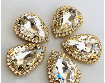 5pcs Austrian Crystal Glass Pear shape  Sew on Fabric Rhinestone  crystals Gold metal  claw backs 25x18mm-  ref Gold trim crystal