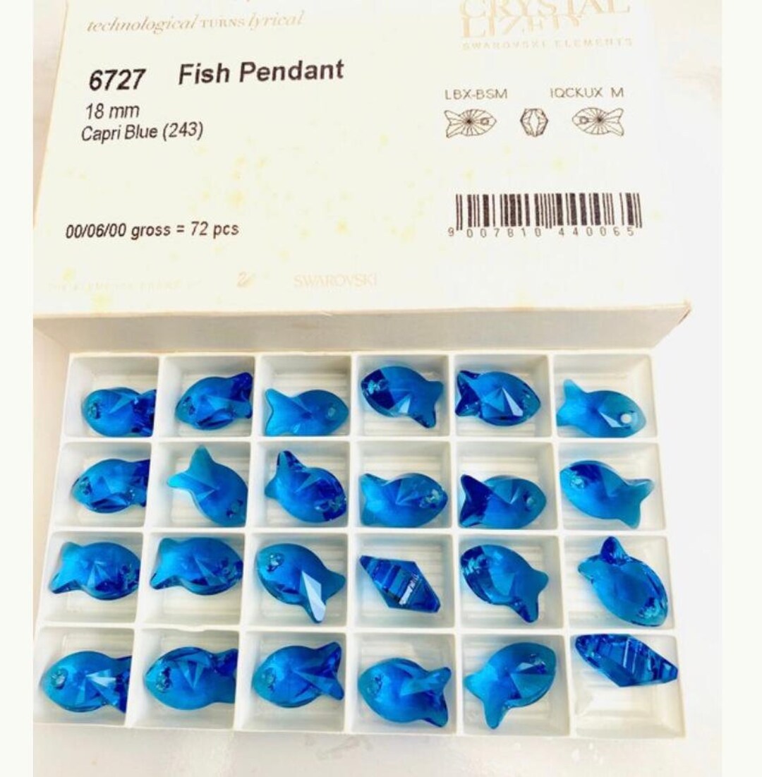 4pcs Original Swarovski® 18mm Capri Blue Fish Pendant Ref: 6727