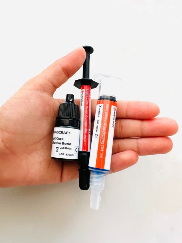 Professional Tooth Gem Adhesive Glue Kit RUBYSCRAFT ® with UV Glue, Etching Gel, Bonding Resin Adhesives & Nozzles