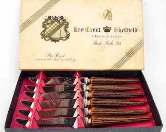 Vintage Mid Century Reo Crest Sheffield Serrated Edge Steak Knife Set Stainless Steel Blades