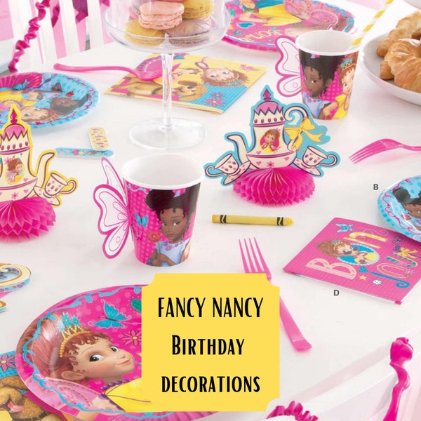 Fancy Nancy Birthday party decorations | Fancy Nancy party supplies | banner, tablecloth, plates, favor, bags | Fancy Nancy décor