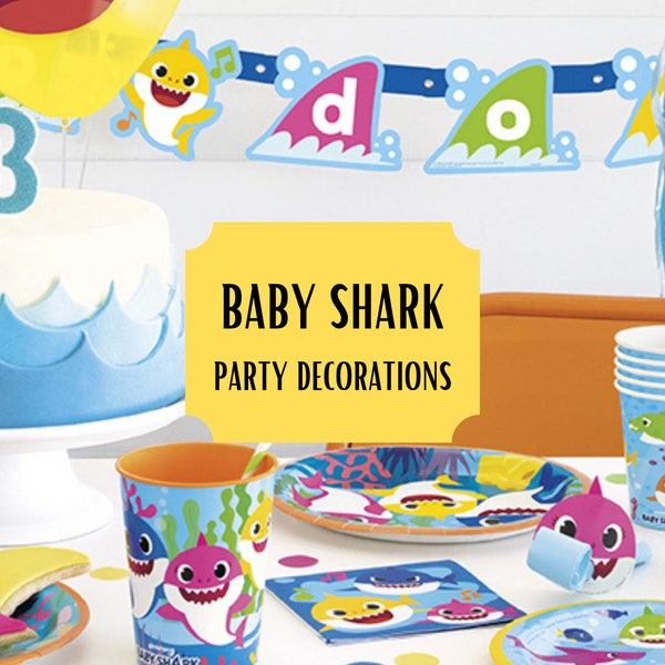 Baby Shark party decorations | Banner | Balloons | Plates | Napkins | cups | swirls