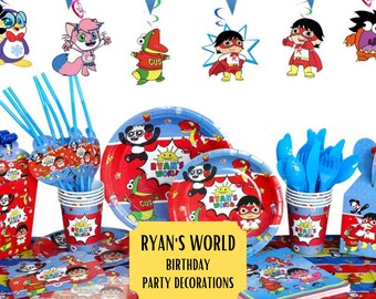 Ryan world party decorations | birthday banner | Plates | Napkins | Cupcake toppers | balloons | Ryan Kaji | tablecloth | cups