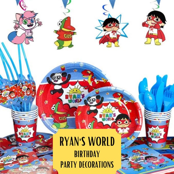 Ryan world party decorations | birthday banner | Plates | Napkins | Cupcake toppers | balloons | Ryan Kaji | tablecloth | cups