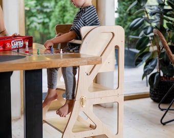 3-in-1 foldable learning step stool for kids, Transformable high chair and toddler tower combo, convertible kitchen tower desk and chair set