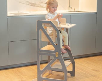 Baby learning high chair and tower combo, transformable toddler tower, kids desk and chair set, montessori foldable wooden high chair combo
