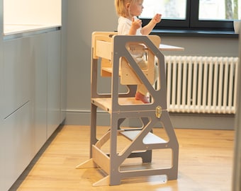 4-in-1 faltbarer Montessori Holzhochstuhl verwandelbar Kleinkindturm in Kinderschreibtisch und Stuhlset Küchenturm für Kinder