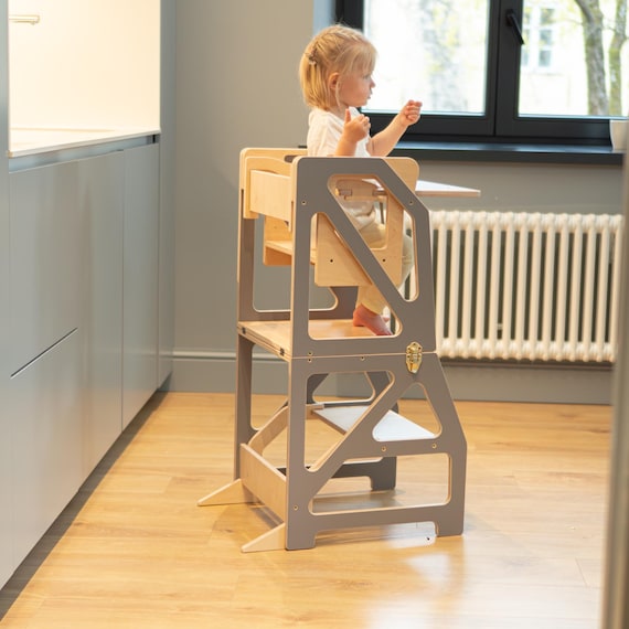 Chaise haute Montessori pliable 4 en 1 en bois, tour transformable pour tout-petits, se transformant en bureau et chaise pour enfants, tour de