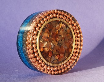 HandMade Thick Coaster Orgonite, With Carnelian,  and Clear Quartz crystals.