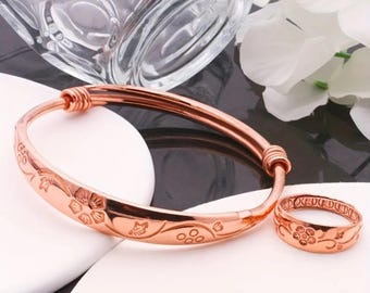 Set van puur koperen bloemenarmbanden en ringen, verstelbare armbandsieraden
