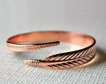 Pure Copper Feather Bracelet Bangle – Adjustable, 10 mm Wide, 20 Grams