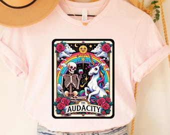 Audacity Tarot Card T-Shirt: Skeleton & Unicorn Mystical Tee