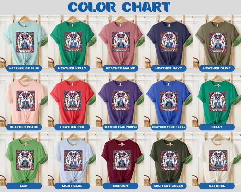 May include: Colour chart displaying 15 different t-shirt colours with a graphic of a sugar skull on each. The colours include Heather Ice Blue, Heather Kelly, Heather Mauve, Heather Navy, Heather Olive, Heather Peach, Heather Red, Heather Team Purple, Heather True Royal, Kelly, Leaf, Light Blue, Maroon, Military Green, and Natural.
