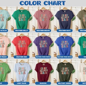 May include: Color chart showing 15 different t-shirt colors with the text "In My Sourdough Era" printed on each shirt. The colors include Heather Ice Blue, Heather Kelly, Heather Mauve, Heather Navy, Heather Olive, Heather Peach, Heather Red, Heather Team Purple, Heather True Royal, Kelly, Leaf, Light Blue, Maroon, Military Green, and Natural.