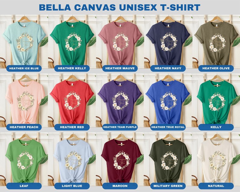 May include: A Bella Canvas unisex t-shirt featuring a floral wreath design with the text "Forever Young" in gold lettering. The shirt is available in 15 different colours, including Heather Ice Blue, Heather Kelly, Heather Mauve, Heather Navy, Heather Olive, Heather Peach, Heather Red, Heather Team Purple, Heather True Royal, Kelly, Leaf, Light Blue, Maroon, Military Green, and Natural.