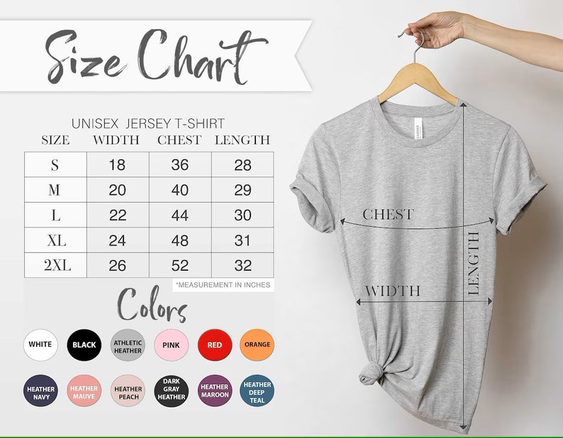 Puede incluir: Tabla de tallas para una camiseta de jersey unisex con medidas en pulgadas para el ancho, el pecho y la longitud. La tabla muestra las tallas S, M, L, XL y 2XL. La tabla tambi&eacute;n muestra una variedad de colores disponibles para la camiseta, incluyendo blanco, negro, gris deportivo, rosa, rojo y naranja.