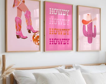 Disco Cowgirl Print Set: Pink Orange Western Art (Digital Download)