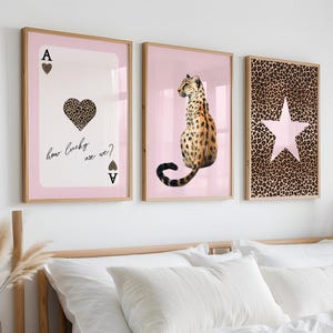 Set of 3 Vintage Prints Pink Leopard Cheetah Print Pink Star Lucky Trendy Wall Art Gallery Preppy Chic Luxury Home Decor Digital Download