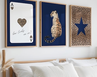 Navy Leopard & Cheetah Print Set: Trendy Preppy Wall Art (Digital Download