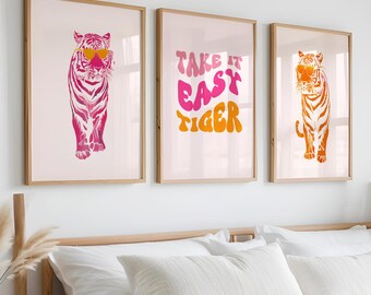 Pink Tiger Print Set: Maximalist Preppy Wall Art (Digital Download)
