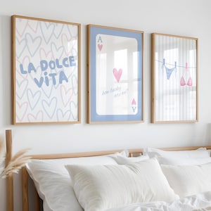 Pink Blue Bikini Print Set of 3, Lucky Girl Art, College Dorm Apartment Decor, Dolce Vita Wall Art, Coastal Cowgirl Art, Digital Download