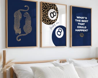 Leopard 8 Ball Gallery Wall Art Prints, Navy Blue (Digital Download)