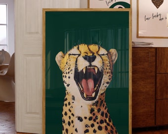 Emerald Green Cheetah Art Print: Retro Jungle Poster (Digital Download)