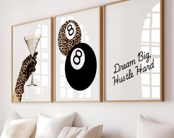 Conjunto de 3 impresiones vintage neutras de arte mural de leopardo, póster de bola de billar Lucky 8 con estampado de guepardo, descarga digital de la impresión de guepardo Lucky Me Preppy