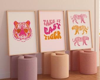 Tijger muurkunst, esthetische kamerdecoratie, trendy kamerdecoratie, preppy muurkunst, maximalistisch decor, tijgerposter, preppy kamerdecoratie, roze oranje kunst