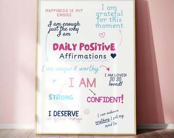 Daily Affirmations Print: Preppy Pink & Blue Dorm Decor (Digital Download