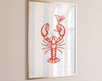 Red Lobster Martini Watercolor Print: Coastal Kitchen Art (Digital Download)
