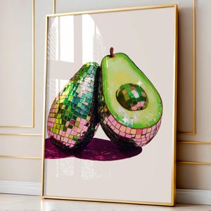Disco Avocado Art Print, Retro Fruit Poster, Glam Disco Ball Fruit Preppy Trendy Maximalist Funky Kitchen Decor, Colorful Pop Art, Boho Glam