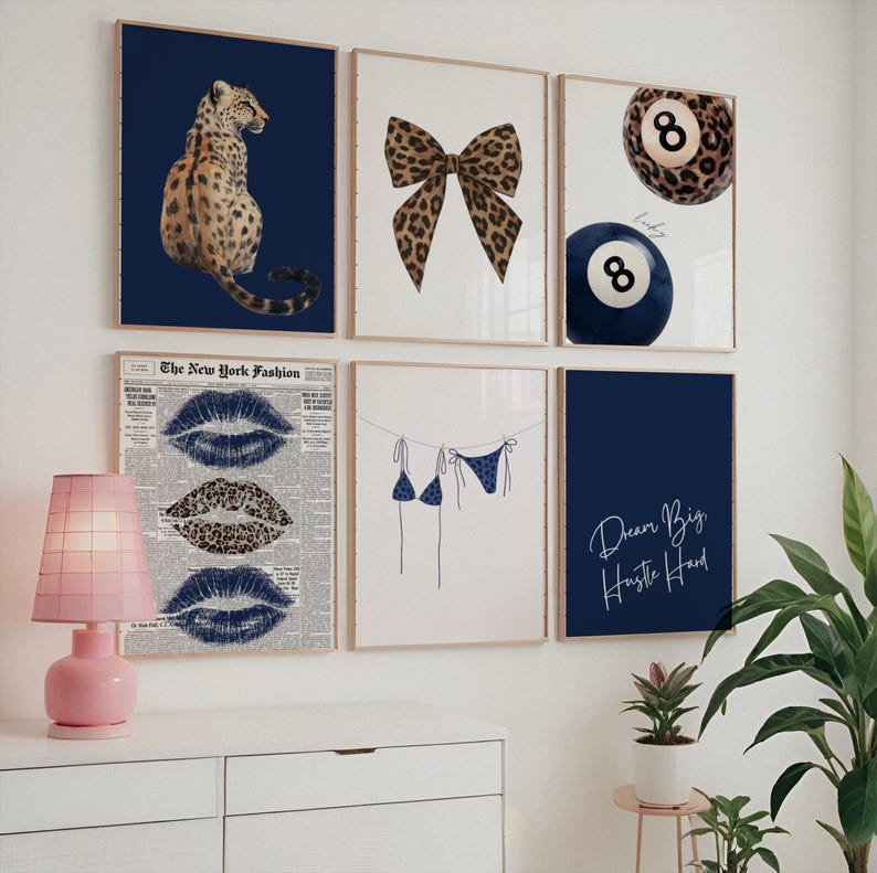 Leopard Print Navy Blue Gallery Wall Set, Preppy Cheetah Wall Art ...