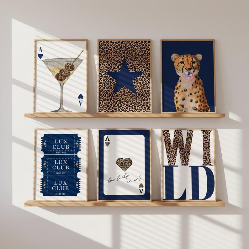 Leopard Print Navy Blue Gallery Wall Set, Preppy Cheetah Wall Art ...