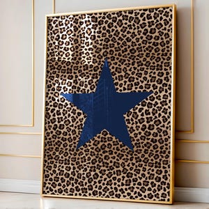 Navy Blue Leopard Star Print, Trendy Retro Star Girl Poster, Y2K Aesthetic Apartment Decor, Vintage Girly Chic Cheetah Bedroom Wall Art
